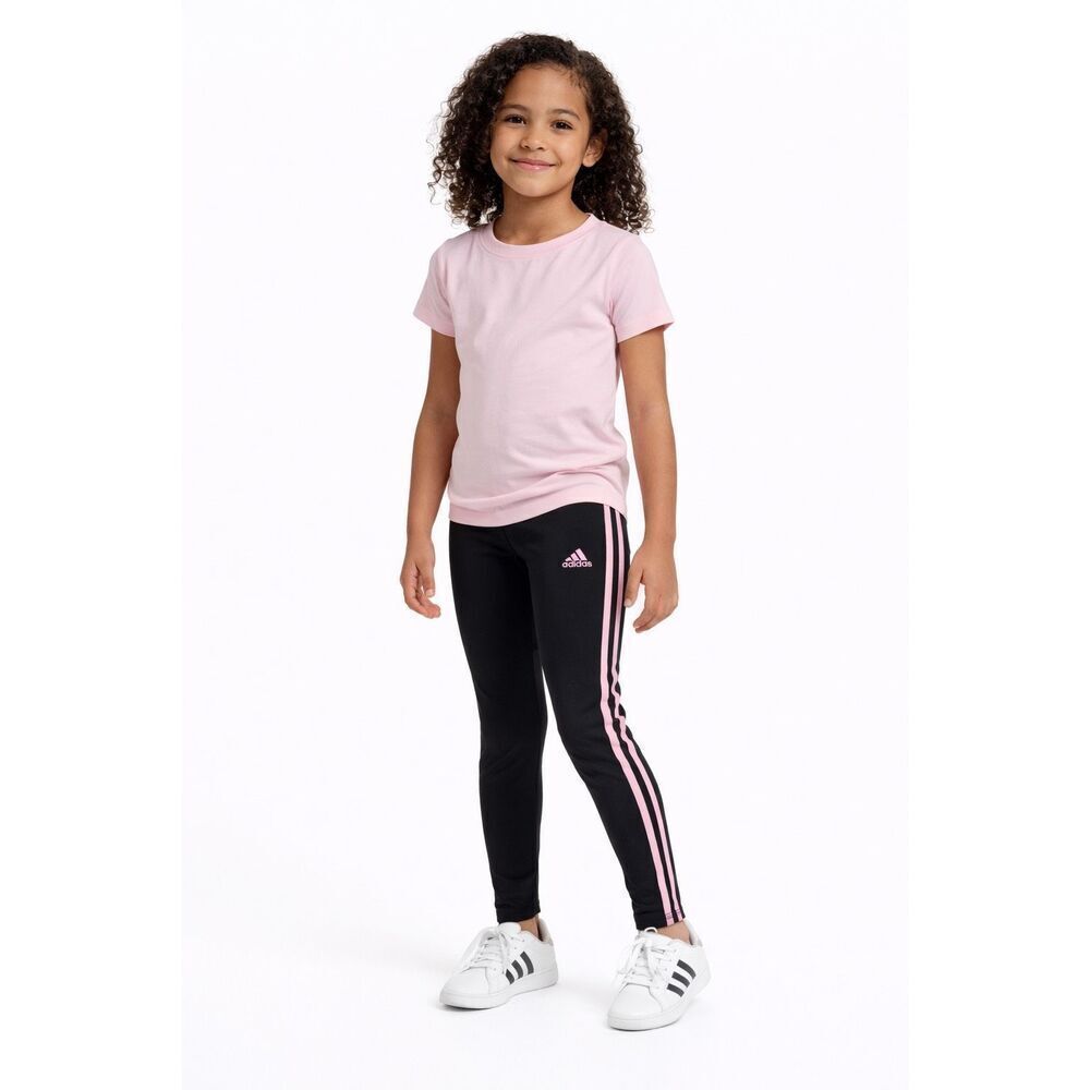 Adidas Girls Black Pink 3 Stripe Athletic Leggings Size S 7/8 Logo Pants